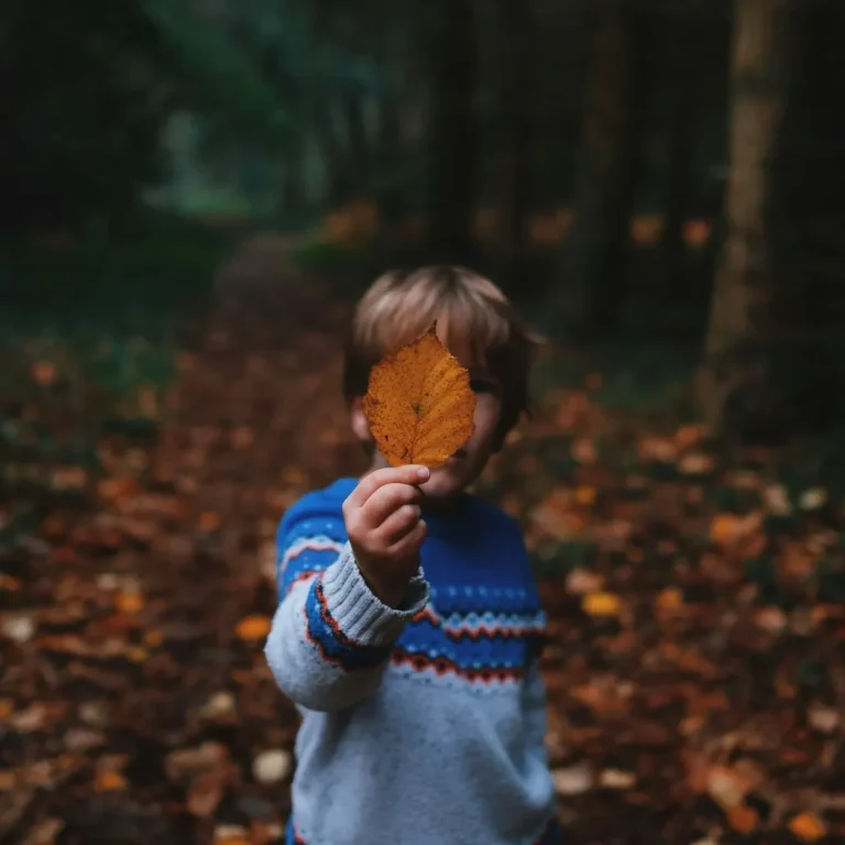 The biggest mistakes in teaching children values and how you can avoid them Ein Junge hält ein Herbstblatt vor seinem Gesicht in einem Waldweg.
